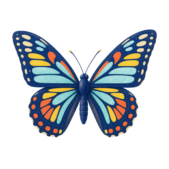 Borboleta adulta ilustrada em azul, amarelo, coral e turquesa